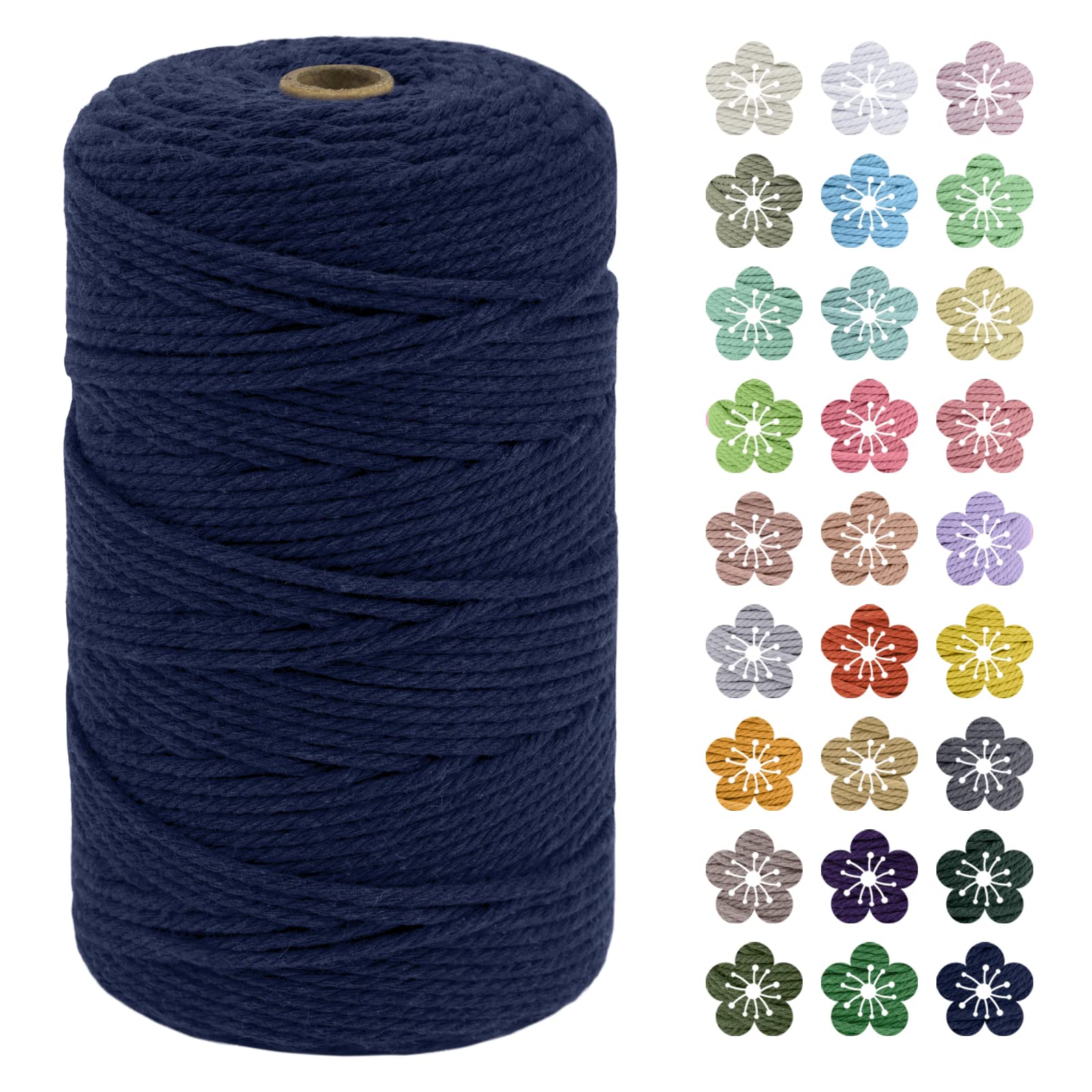 LEREATI Macrame Cord 3mm x 200m, Thick Macrame Rope Natural Cotton Rope Craft String, 4 Strand Twisted Cotton Cord Yarn for DIY Plant Hanger, Wall Hanging, Christmas Decoration (Dark Blue)