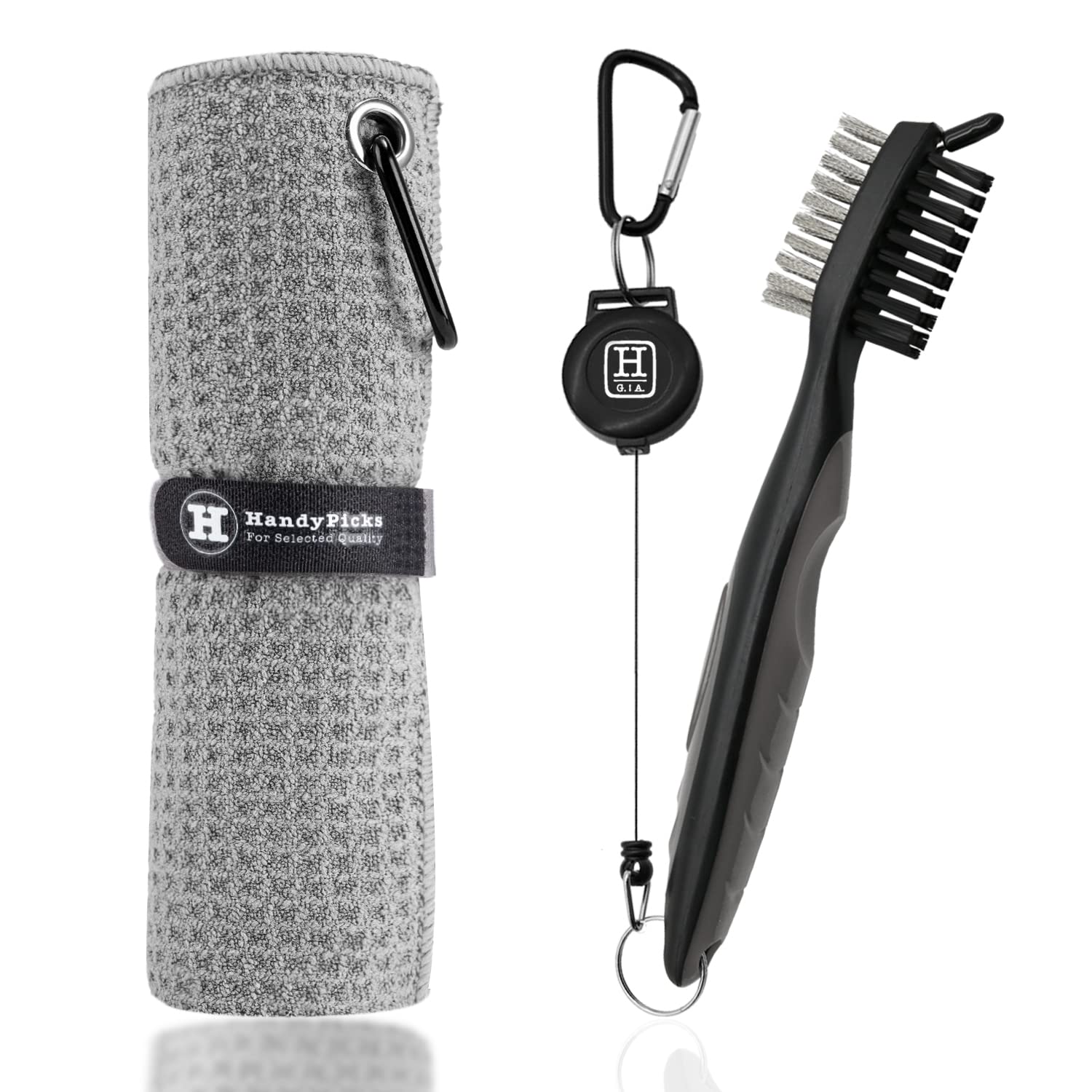 Handy Picks Golf Towel Microfiber Waffle Pattern Golf Towel (Easy Storage) with Carabiner - Club Brush with Club Groove Cleaner and Retractable Clip - Essential Golf Combo Cleaning Kit (Grey)
