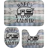 Syhonic Bathroom Rugs Sets 3 Piece, Happy Camping Bath Rug, Contour Mat and Toilet Seat Cover, Super Soft Non-Slip Bath Mats for Bathroom Floor, Tub and Shower Room