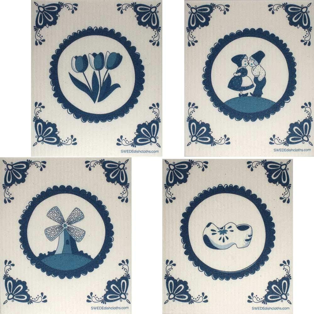 Swedish Dishcloths Mixed Dutch Designs Set of 4 Cloths (One of Each Design) | ECO Friendly Reusable Absorbent Cleaning Cloth