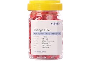 COBETTER 100 Pack Syringe Filter PTFE hydrophilic Lab Filters 0.1μm Pore Size 13mm Diameter Filtration Non-sterile Red
