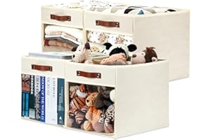 HNZIGE Fabirc Storage Cubes Bin 13x15x13 Clear Storage Cube, 4 Pack Foldable Cloth Cubby Storage Bins for Cube Organizer Closet Cabinet, Large Fabric Storage Bins for Shelves Organizer Bins- Cream