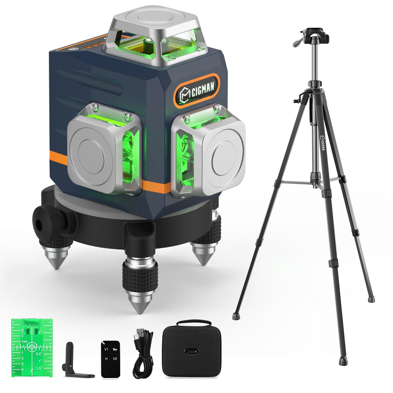 Kreuzlinienlaser mit Stativ, CIGMAN 3x360 Grad Grün Selbstnivellierend Laser Wasserwaage mit 1,2m -Aluminium-Baustativ, Baulaser Kreuzlaser Linienlaser bis zu 30 Stunden mit Lithium-Batterie,CM701T