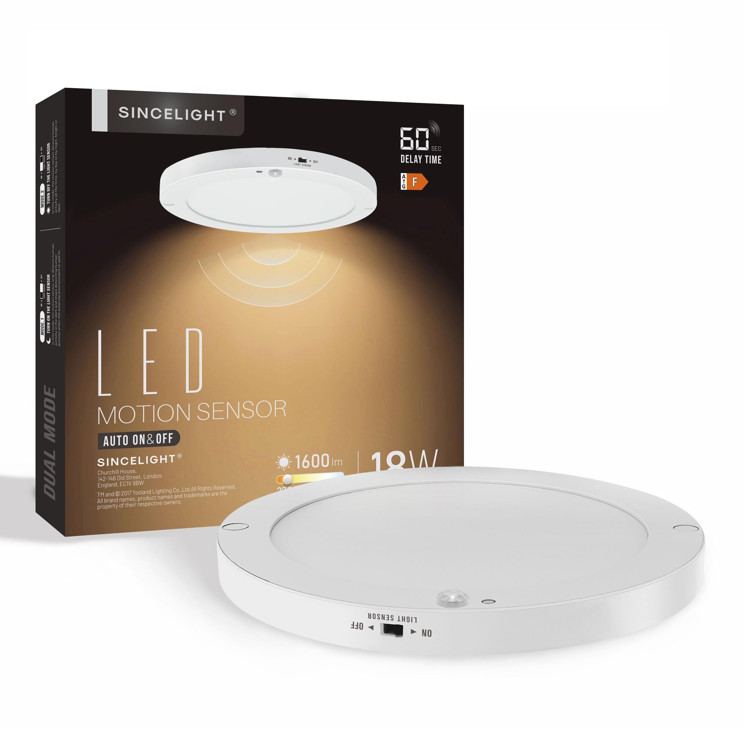 SINCELIGHT PIR Motion Sensor 18W LED Ceiling Light (Φ9''/220mm), Automatically ON/Off, Movement Activated, Dual Mode Turnable, Warm White 2700K, Surface/Flush Mount for Hallway,Porch, Pack of 1