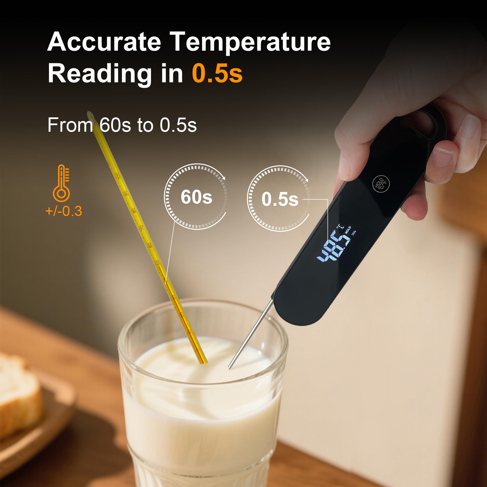 Charmline Hochpräzises Thermometer Kochen, 0,5s Sofortmessung, ±0,3°C Genauigkeit, Fleischthermometer, Kochthermometer für Fleisch, Backen und Grillen, 180° automatisch rotierendes Display 2