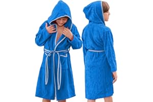 ALLEN & MATE 100% COTTON Kids Bathrobe with Piping – Safety Certified, Medium Lightweight, Quick Absorbent for Boys & Girls
