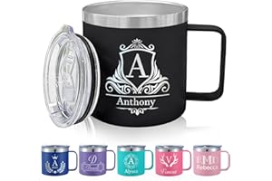 Custom Insulated Coffee Mug Personalized Engraved Initial and Name, Customized Stainless Steel Travel Cup with Lid and Handle