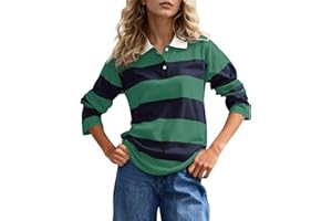 SAFRISIOR Womens Striped Polo Long Sleeve Rugby Shirts V Neck T Shirts Color Block Casual Tee Tops