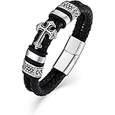 Raymard Mens Christian Cross Double Row Leather Bracelet, Religious Braided Cuff Bracelet for Men