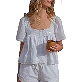 Women Lace Trim Flowy Shirt Y2k Half Short Sleeve Ruffle Low Cut Babydoll Tops Boho Cute Fairy Going Out Streetwear