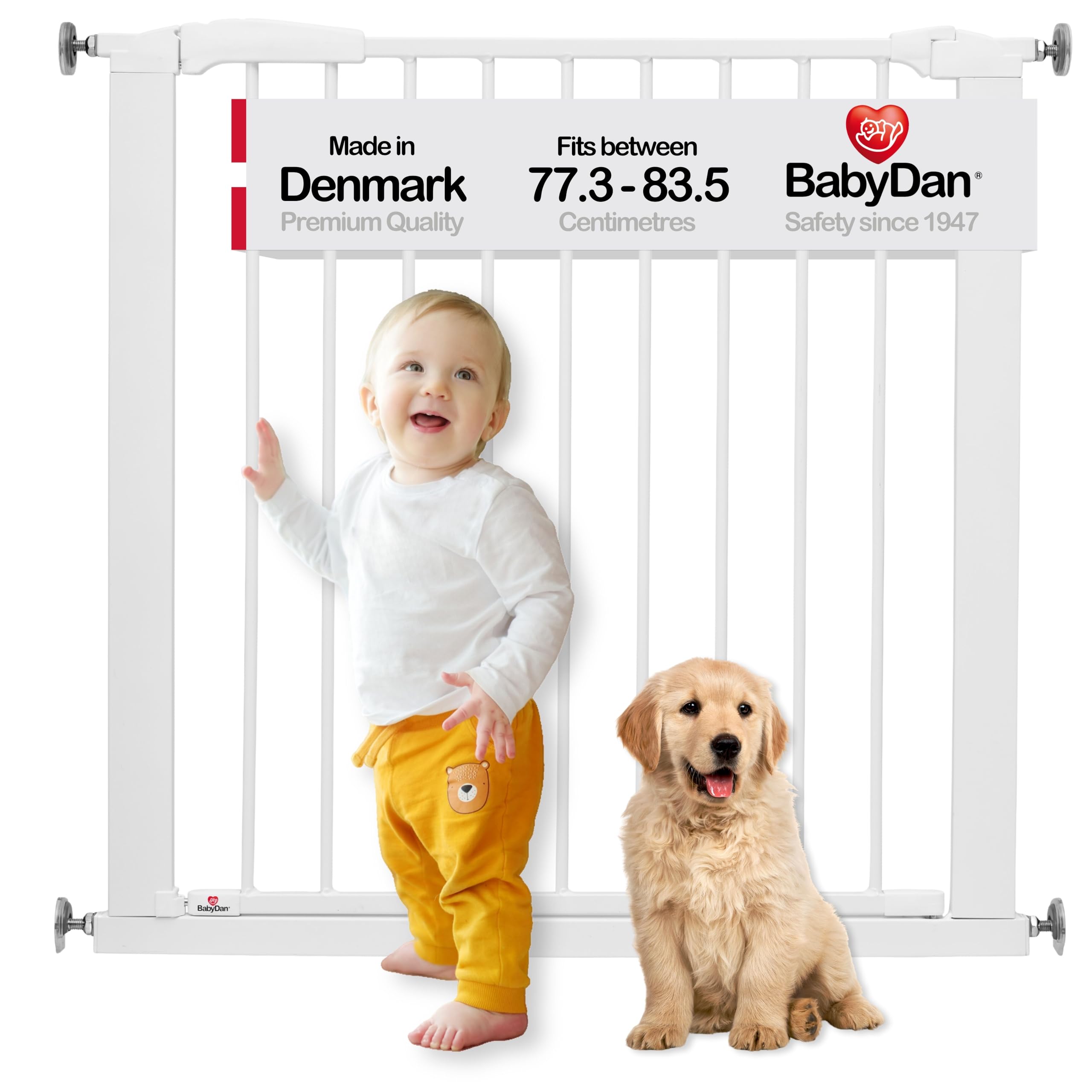 BabyDan Perfect Close, Pressure Fit Stair Gate, 77.3-83.5 cm, Baby Gate/Safety Gate, White, Made in Denmark - (Pet Gate/Dog gate)