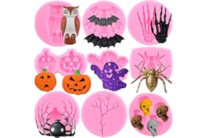 Zixiang Halloween Cupcake Fondant Molds Silicone Skeleton Hand Tree Owl Pumpkin Skull Spider Bat Ghost Molds For Halloween Cake Decorating Chocolate Candy Mold Gum Paste Polymer Clay Resin Set Of 9