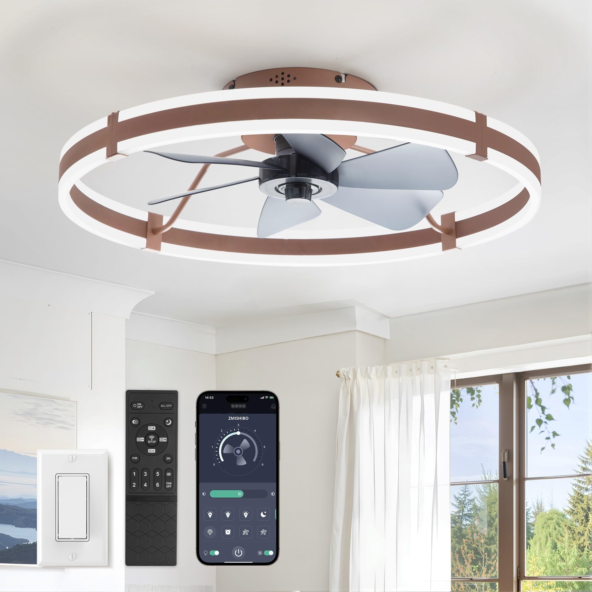 Photo 1 of **MISSING PARTS**
ZMISHIBO 24 Inch Ceiling Fans with Lights and Remote, Modern Low Profile Ceiling Fan, 3000-6000K Dimmable Flush Mount LED Fan Light, 6 Wind Speeds, Fandelier Ceiling Fans for Bedroom- Brown