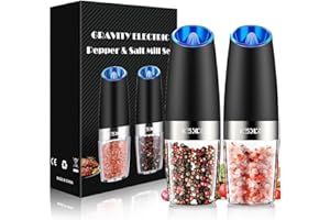 XinXu Gravity Electric Pepper and Salt Grinder Set, Adjustable Coarseness, with LED Light, One Hand Automatic Operation (Set/Black X)