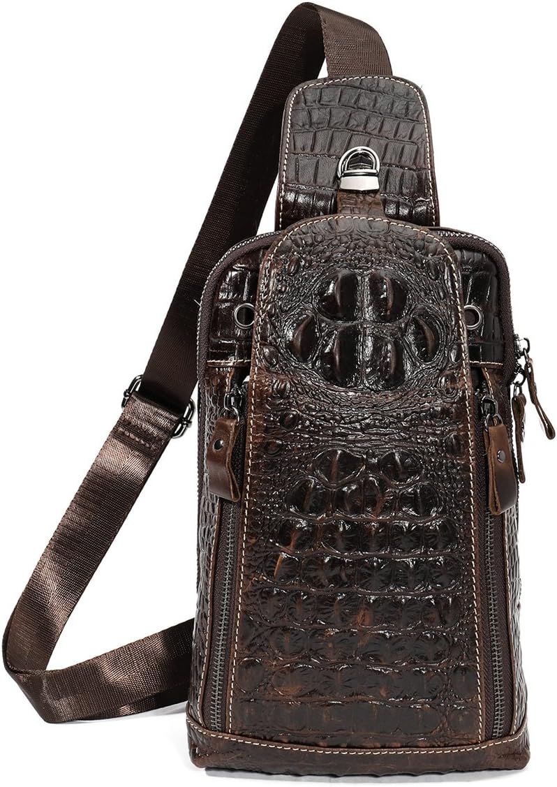 Men's Genuine Leather Crossbody Chest Bag Crocodile Outdoor Hiking Sling Daypack