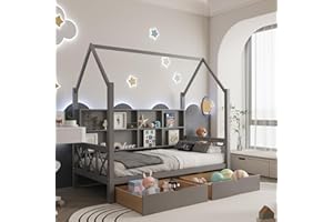 HUMEHA Twin House Bed with Roof and 2 Storage Drawers for Kids, Wooden Twin Size Bed Frame with Storage Shelves Guardrails and Wood Slats for Boys Girls, No Box Sping Required, Gray
