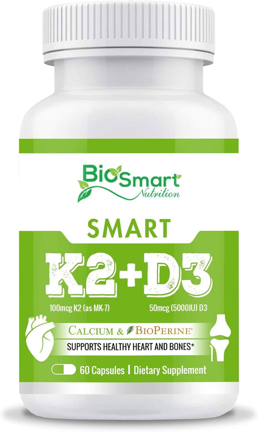 Vitamin K2 + D3 with Calcium and Bioperine for Better Absorption | 2-in-1 Support for Your Heart, Bones & Teeth | Non GMO & Gluten Free I 100% Natural (60 Veggie Capsules)