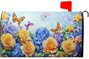 Anyako Spring Blue Yellow Hydrangeas Flowers Mailbox Covers Magnetic Standard Size 18" X 21",Colorful Butterflies Flying Mailbox Wraps Post Letter Box Spring Cover for Holiday Garden Yard Decor