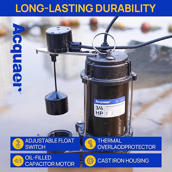 ACQUAER SEWAGE PUMP SUBMERSIBLE WATER PUMP WITH AUTOMATIC FLOAT SWITCH, FOR SUMP BASIN, RESIDENTIAL SEWAGE, 3/4 HP 6400 GPH SEWAGE PUMP WITH VETICAL FLOAT 2” NPT