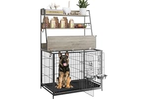 KOKEBREN 57 Inch Dog Crate Furniture with Storage - Large Dog Cage with Double Door,Dog House Kennel Indoor with Two 7" Dog Bowls,37.4"×24.4"×57.1",Grey