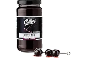 COLLINS CHICAGO Collins Stemmed Black Cherries for Cocktails, Old Fashioned, Manhattan, and Whiskey Sour, Cocktail Cherry in Bordeaux Syrup, Garnish for Mocktails, Party Drinks, Baking, Desserts, 10 oz