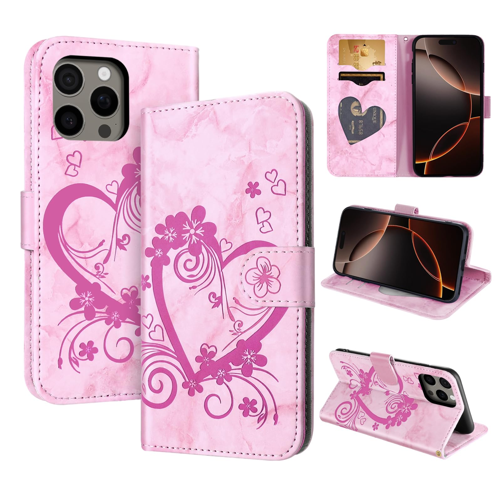 CASAFUNY iPhone 16 Pro Max Case - PU Leather Flip Wallet Case with Card Slot, Pink — image 1