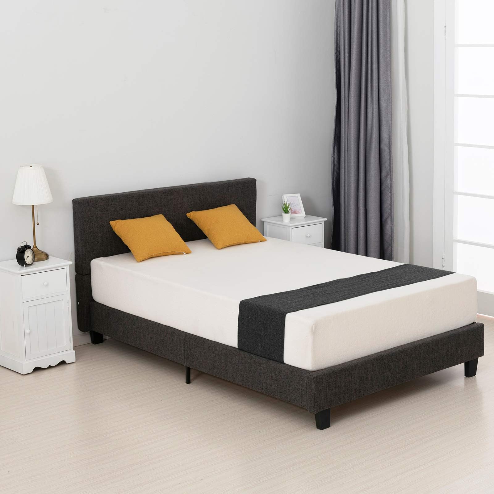 mecor Fabric Bed Frame Upholstered Linen Platform Bed Metal Frame with Wood Slat Support - Gray, Small Double