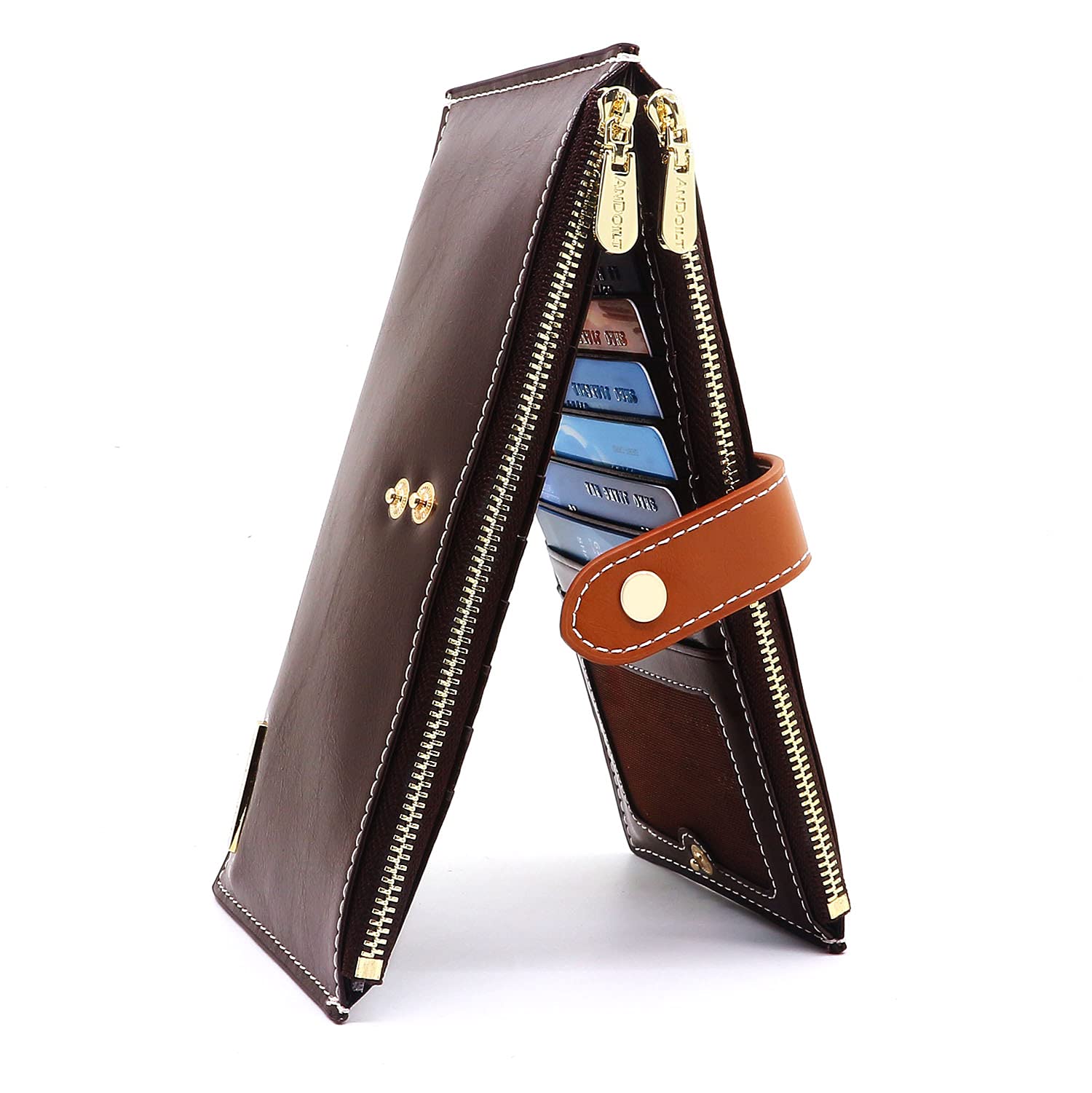 ANDOILT Women's Genuine Leather Wallet RFID Blocking Credit Card Holder Zipper Purse Cell Phone Handbag Coffee