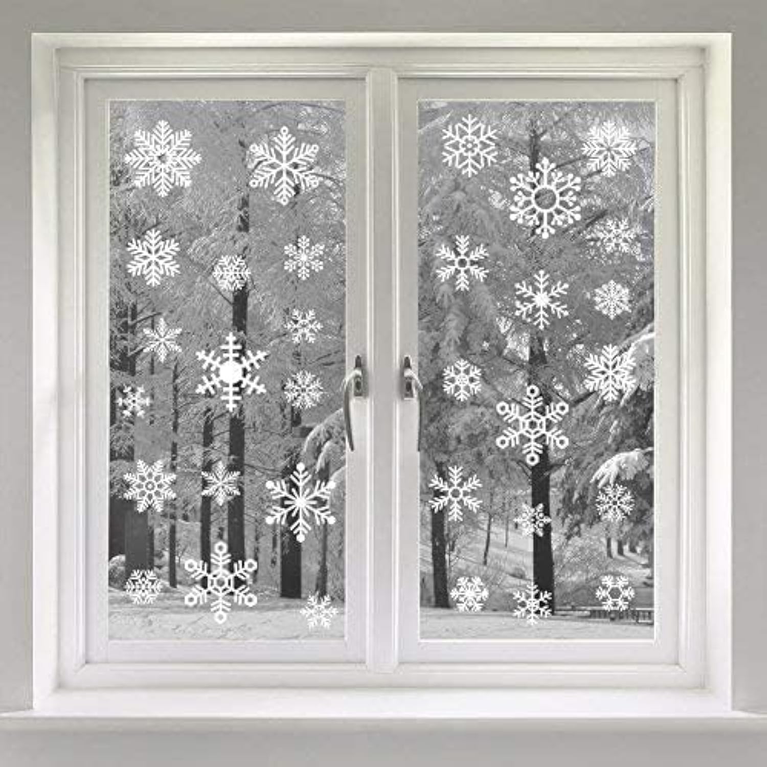 VEYLIN 48 Snowflake Window Clings Christmas Snow Flakes Stickers Reusable Holiday Decorations