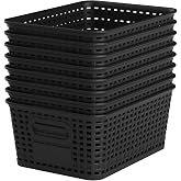 WRRLORS 8 Pack Plastic Storage Baskets,Black Stackable Storage Bins | 5.3qt Storage Containers with Labels for Organizing Shelves Drawers Desktop Closet Playroom Classroom Office