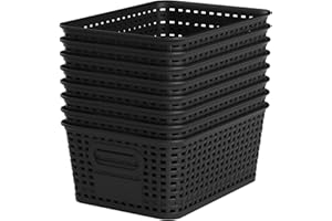 WRRLORS Black Plastic Storage Baskets - Pack of 8 with Labels Stackable Durable Storage Bins, Storage Containers for Organizing Desktops, Closets, Playrooms, Classrooms, Offices