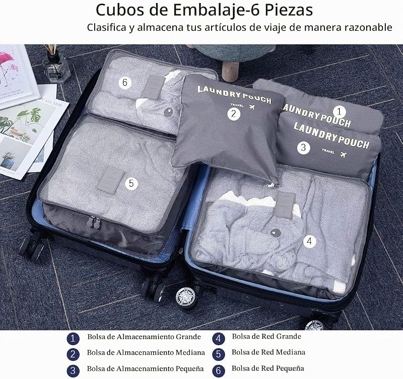 Organizador de bagagem, conjunto organizador de viagem 6 em 1, saco organizador de mala impermeável inclui 3* cubos de viagem e 3* sacos de compressão (cinzento) — foto 3 de 6