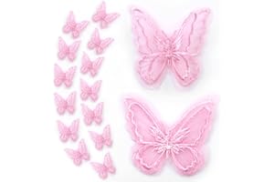 VSHINIC 16pcs Butterfly Lace Trim, Butterfly Decor Applique Patches,Double Layers Organza Butterfly Lace Fabric Embroidery Sewing Lace DIY for Wedding Bride Hair Dress Hat Accessories(Pink)