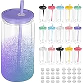 AZEAM 16 PCS Plastic Snow Globe Tumbler,16 oz Double Wall Tumbler with Pre Drilled Hole,Bulk Snow Globe Cups with Colorful Lip and Straw,DIY Glitter Snowglobe(No gold powder)