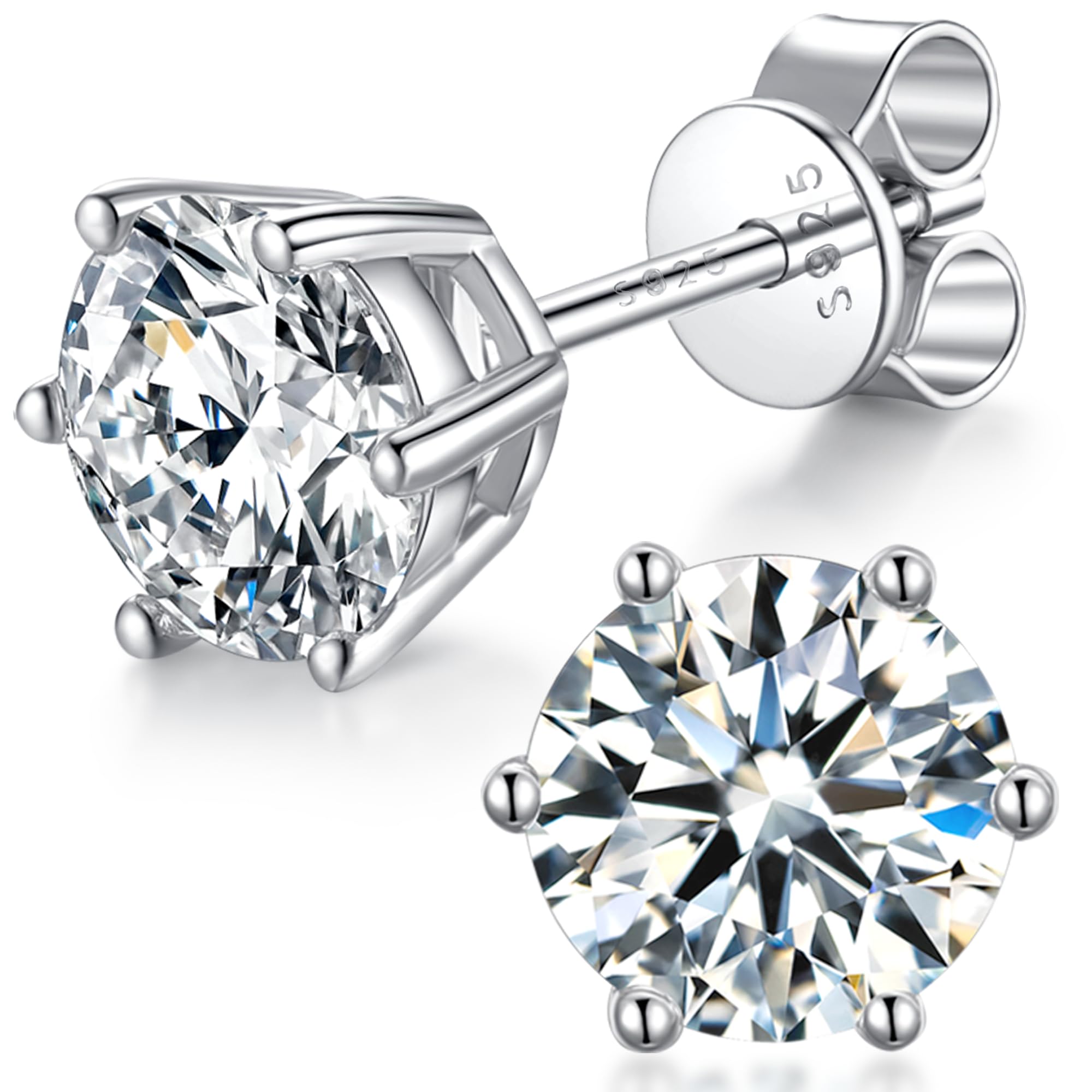 boya Moissanite Stud Earrings for Women,0.6-4ct 18K White Gold Plated Silver Friction Back and Post for Women Men, D Color VVS1 Round Lab Created Diamond Earrings Men, 2.0 Carat-(1.0ct*2)-6.5mm Image