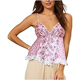Women Ruffled Cami Tops Y2k V Neck Spaghetti Strap Ruffle Babydoll Cami Tops Summer Ruched Sleeveless Camisole