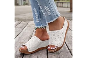 WAMEJOO Orthopedic Sandals for Women Comfortable Arch Support Slides Women's Sandal Breathable Summer Orthotic Leather Platform Wedge Slip on