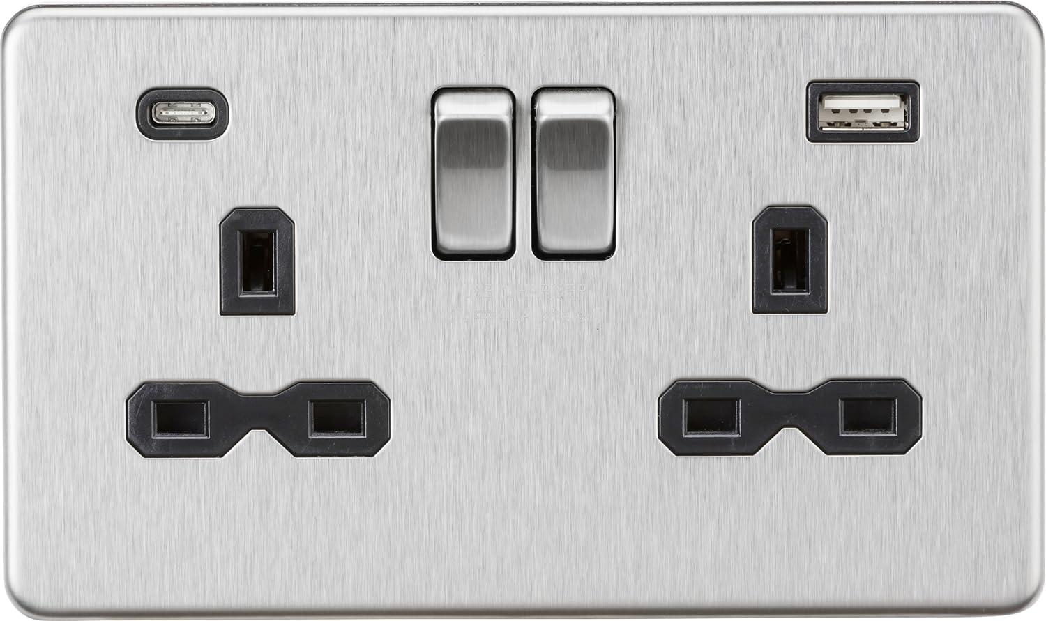 13A 2G SP Switched Socket with Dual USB A+C (5V DC 4.0A shared) - Brushed Chrome with Black Insert