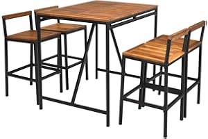 RELAX4LIFE 5-Piece Patio Bar Set, Acacia Wood Counter Height Bistro Dining Table w/Umbrella Hole, Wicker Rattan Bar Stools Set of 4 for Balcony Backyard Poolside, 5PCS Outdoor Bar Table and Chairs Set