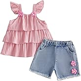 YINGISFITM Toddler Girl Clothes Baby Summer Fly Sleeve Layered Ruffle Dress Shirt Jeans Shorts Floral Outfit Girls Clothing