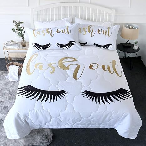 Amazon Com Blessliving 3 Piece Eyelash Comforter Set With Pillow Shams Black White Gold Bedding 3d Printed Fashion Girls Reversible Comforter King Size Bedding Sets Soft Comfortable Machine Washable Cute Eyes Home