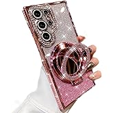 AuroiCCY for Samsung Galaxy S25 Ultra Magnetic Kickstand Case, [Compatible with MagSafe] Girl Woman Glitter Makeup Mirror Cute Bling Rhinestones Cover with Camera Protector & Ring Holder Stand, Pink