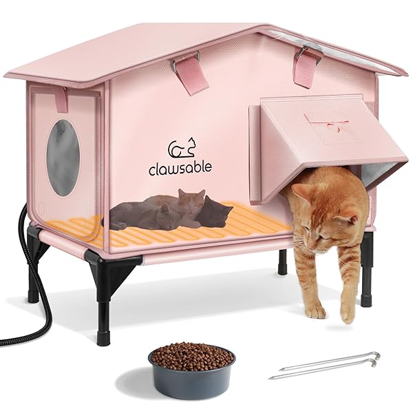 UPGRADED HEATED CAT HOUSE FOR OUTSIDE ESCAPE DOOR, HIGHLY INSULATED HEATED OUTDOOR CAT HOUSE WATERPROOF AWNING, WEATHERPROOF OUTDOOR FERAL CAT SHELTER FOR STRAY WINTER