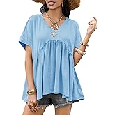 Cicy Bell Womens Summer Peplum Tops Oversized Babydoll Short Sleeve V Neck T Shirts Casual Loose Pleated Swing Blouse
