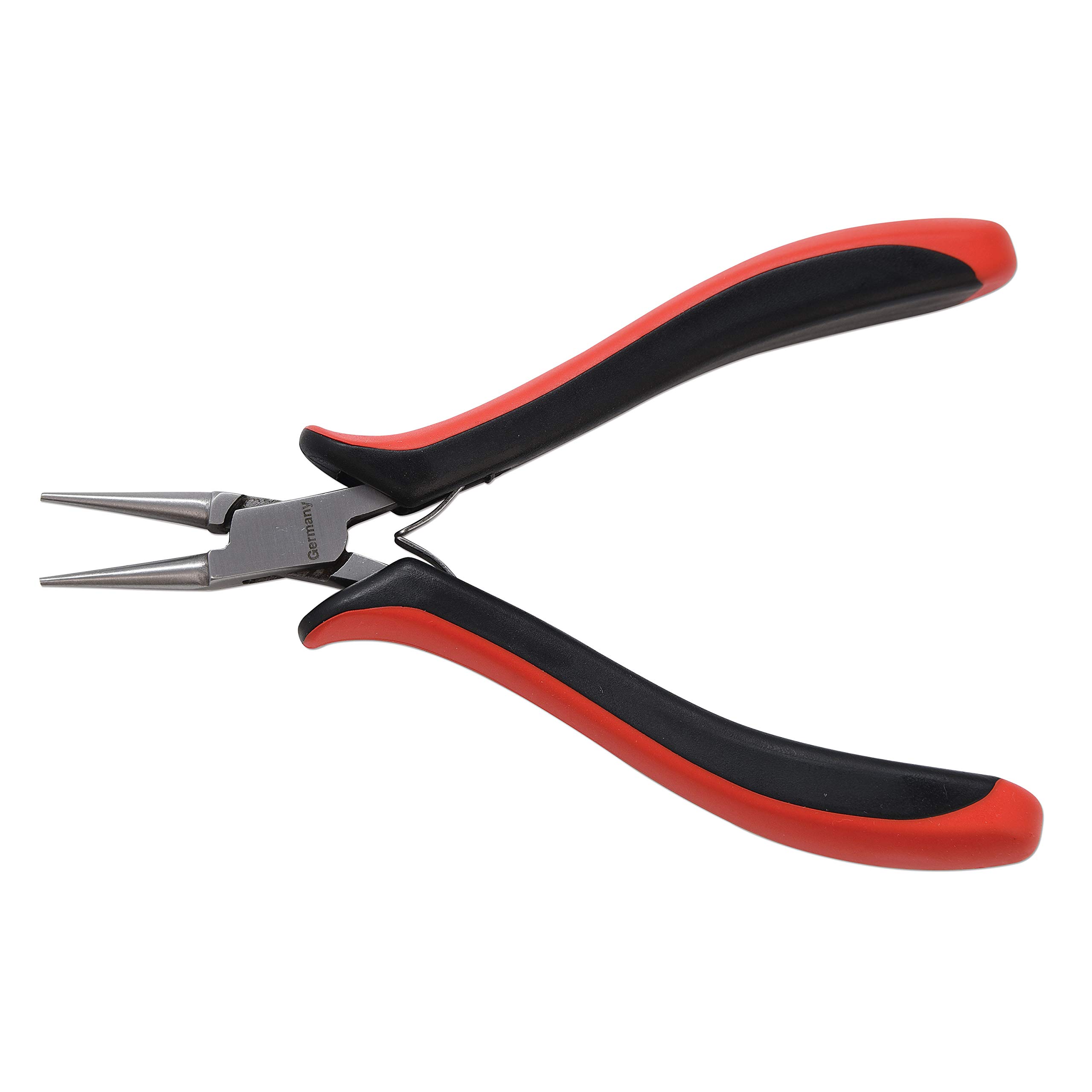 The Beadsmith Platinum Series German Round Nose Pliers, 4.75 inches (120mm) with Polished Steel Head, red and Black Ergonomic Comfort Grip Handle and Double-Leaf Spring, Tool for Jewelry Making