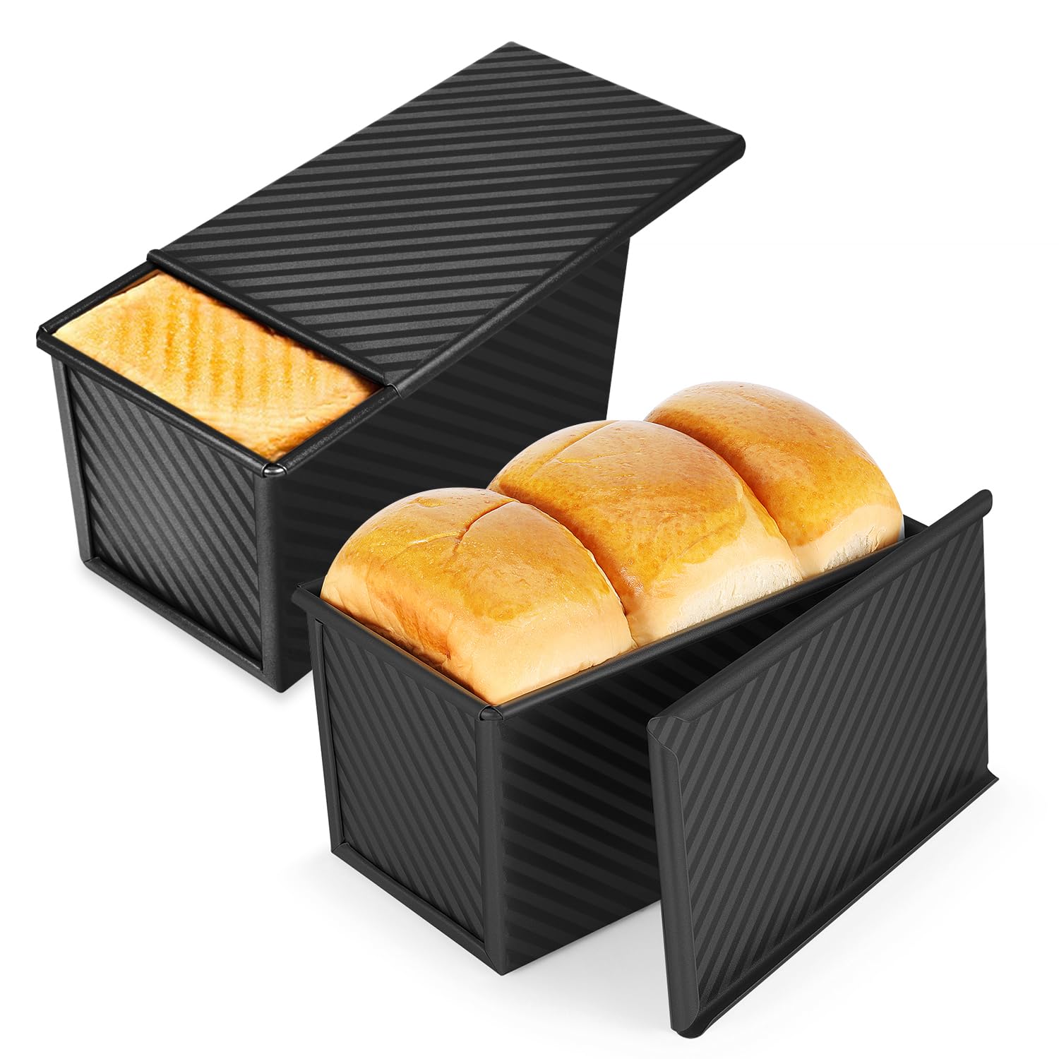 Flexzion Pullman Loaf Pan with Lid - 1 lb Dough Capacity Sandwich Bread Loaf Pan with Lid Cover - Non-Stick Carbon Steel Corrugated Toast Box Mold for Baking Homemade Sandwich, Sourdough, Bread, Black