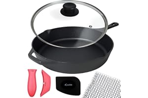CRUCIBLE COOKWARE 10.25-Inch Cast Iron Skillet Set (Pre-Seasoned), Including Large & Assist Silicone Hot Handle Holders , Glass Lid , Cast Iron Cleaner Chainmail Scrubber , Scraper | Indoor & Outdoor Use