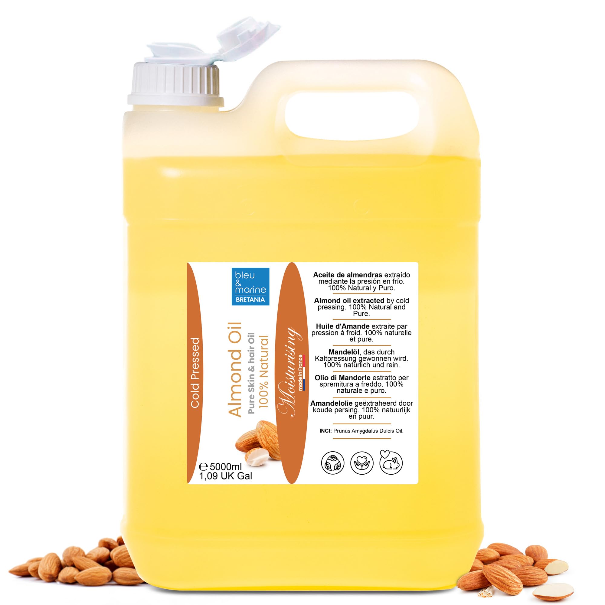 Cold Pressed Sweet Almond Oil, Massage Oil, Body, Face Oil, Hair Moisturiser, Baby Skin, Anti Stretch Marks, 100% Natural, Firming, Makeup Remover, Vegan, 5000 ml 1.10 GAL