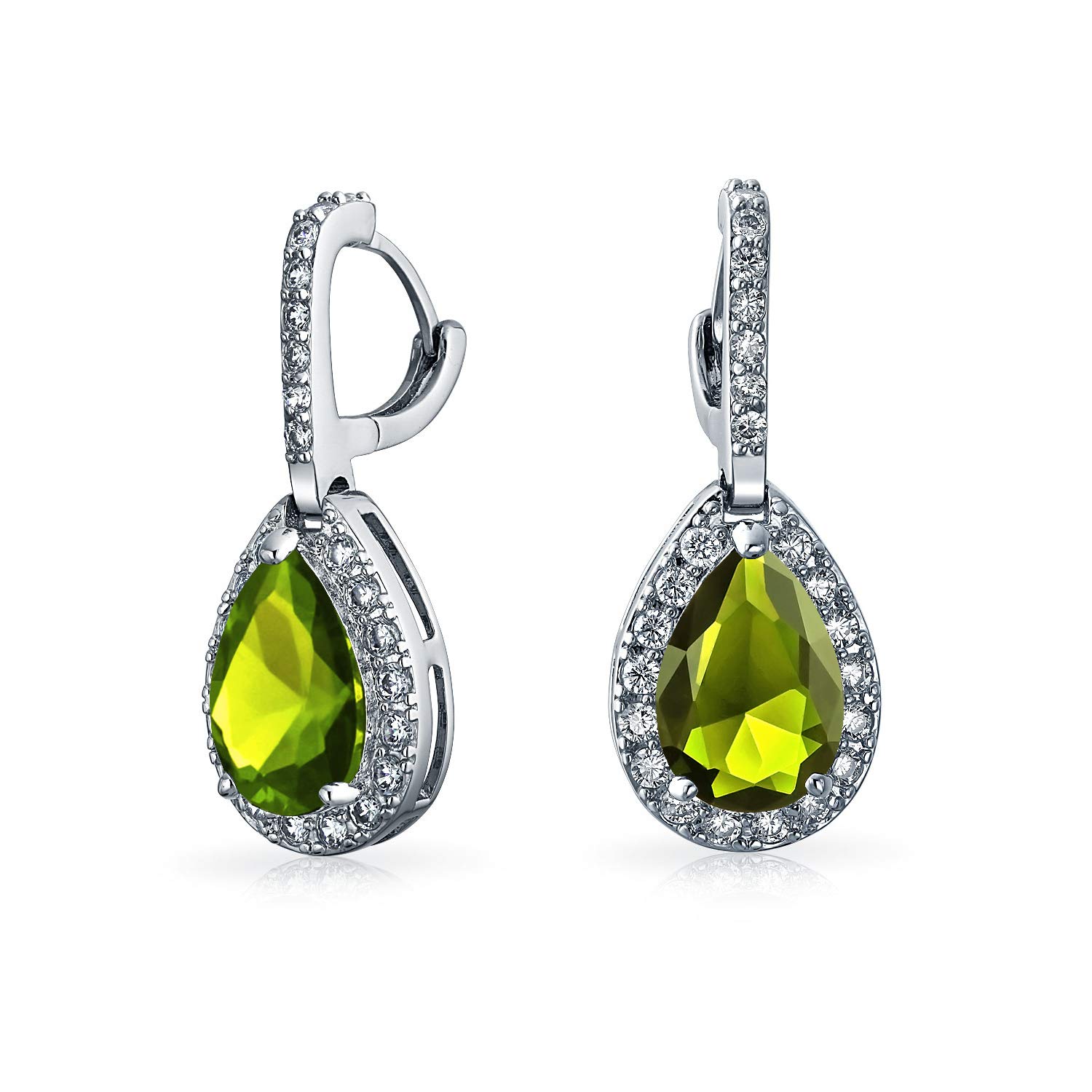 Vintage Style Halo Simulated Olive Green Peridot Cubic Zirconia AAA CZ Fashion Formal Huggie Snap Hinge Dangle Drop Teardrop Earrings For Women Prom Bridesmaid Wedding Silver Plated — image 1