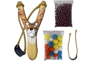 LINJAY Wooden Slingshot for Kids with Tiger Design, Colorful Pom - Poms & Ammo Balls